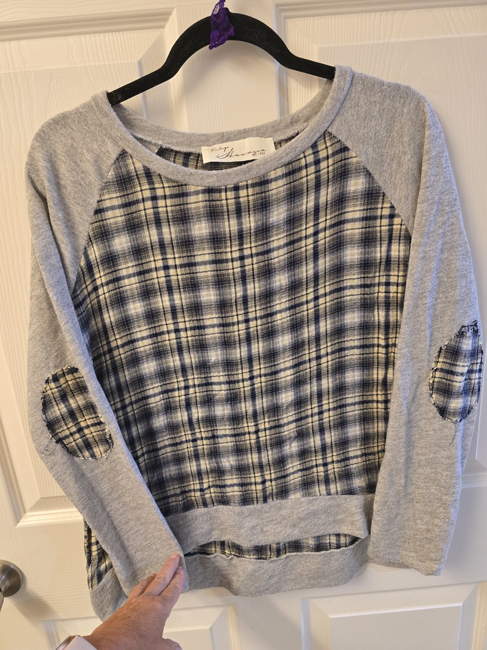 Vintage Havana Gray Raglan Sweatshirt with Blue Plaid Front